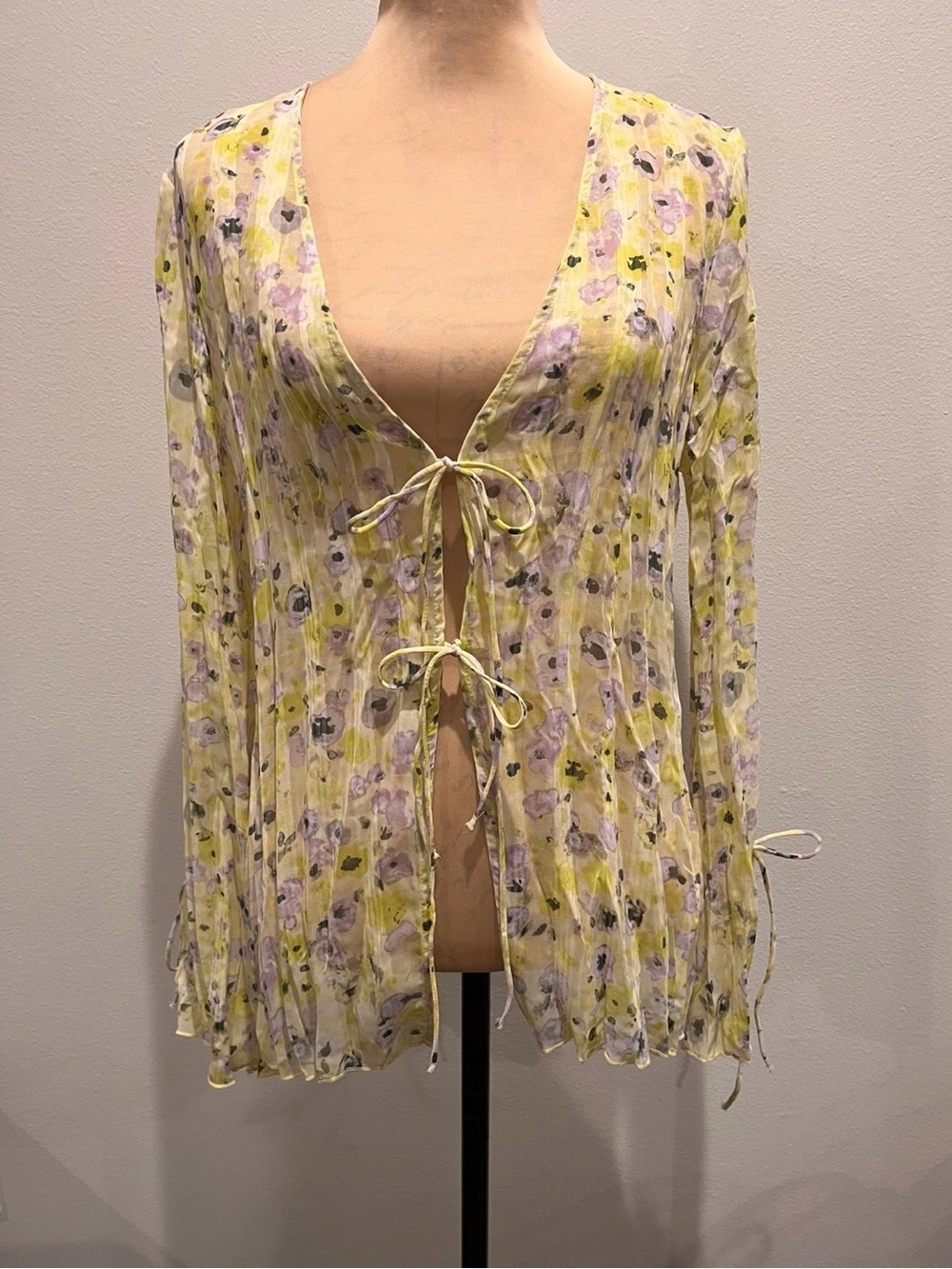 H&M Yellow Floral Tie-Front Sheer Cardigan